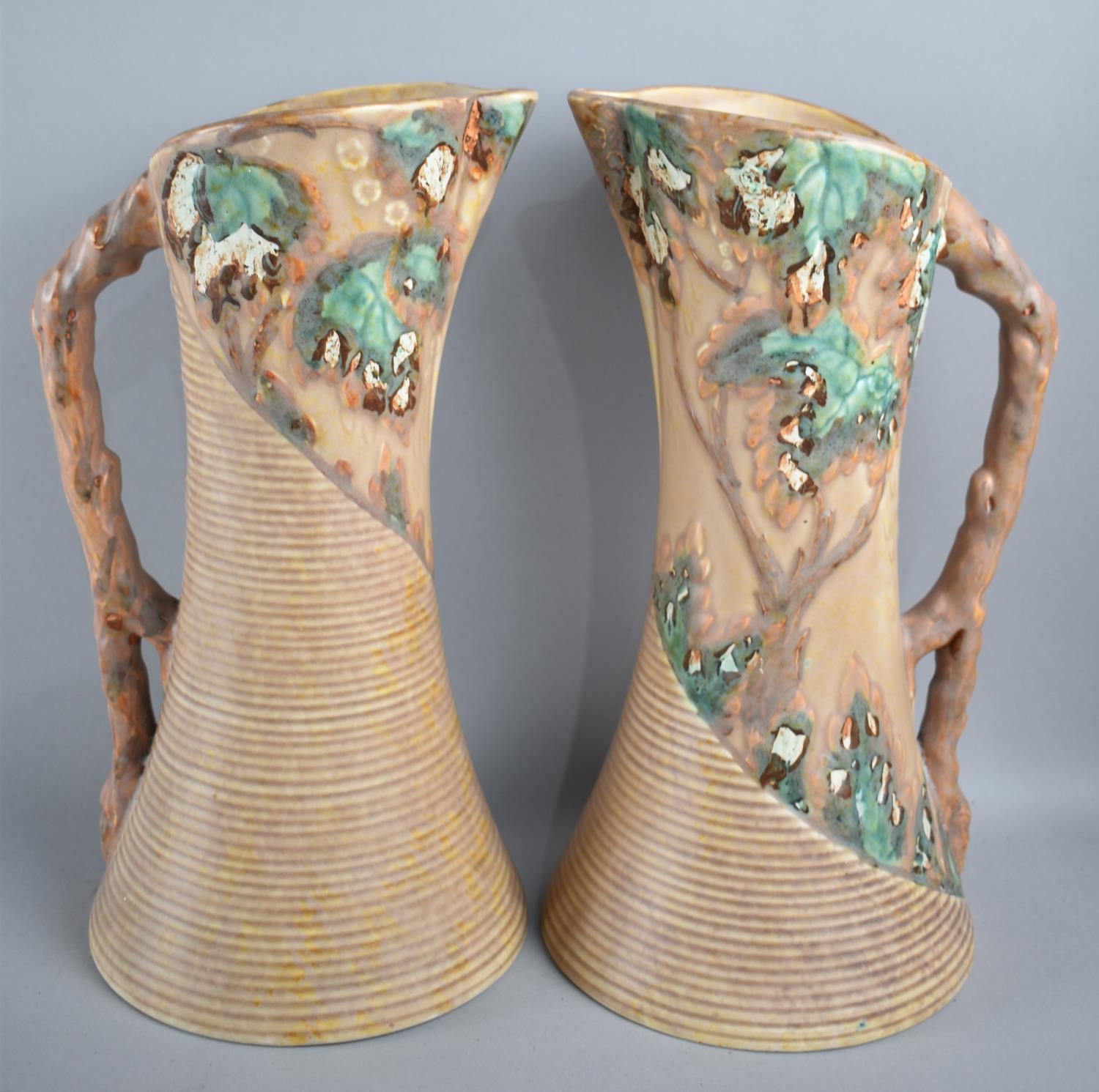 A Pair of Mid 20th Century English Pottery Jugs with Ribbed Tapering Body and Stylised Branch