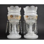 A Pair of Late 19th century Opaque Glass Lustres, Complete with Droppers, Decorated with Hand