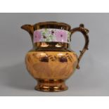 A Large English Pottery 19th Century Lustre Jug, Copper Lustre Glazed Body with Pink Lustre Floral