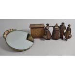 A Collection of Treen Figures, Carved Wooden Cigarette Dispenser Box (AF) and a Circular Mirror