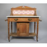 A Late Victorian/Edwardian Stained Pine Marble Topped Tile Back Washstand with Single Drawer and