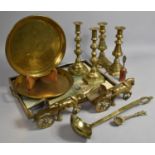 A Collection of Various Brassware to include Candlesticks, Chargers, Indian Anointing Spoon Etc