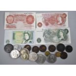 A Collection of Pound and Ten Shilling Notes, Coins and Crowns, Iron Bridge Medallion etc