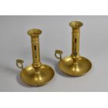 A Pair of Reproduction Brass Bedchamber Sticks with Rise and Fall Pushers, 19cms High