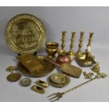 A Collection of Various Brassware to include Candlesticks, Copper and Brass Jug, Bedchamber Stick