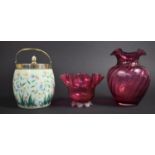 Two Pieces of Cranberry Glass together with an Opaque and Silver Plated Glass Mounted Biscuit Barrel