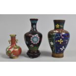 Three Miniature Chinese Cloisonne Vases, One Example with Turned Wooden Stand, 9.5cm, 9cm and 5.