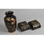 An Oriental Vase in Coloured Enamels on Black Ground together with a Pair of Lacquered Chinoiserie