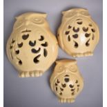 A Graduated Set of Three Ceramics Novelty String Dispensers in the Form of Owls, Largest 20cms HIgh