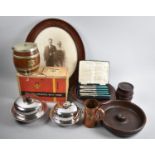 A Collection of Various Treen and Silver Plate Items, Casserole with Stand, Biscuit Barrel etc