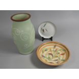 A Denby Ferndale Stoneware Sage Green and White Swirl Vase, 31cm high, a Greenwheat Plate and a