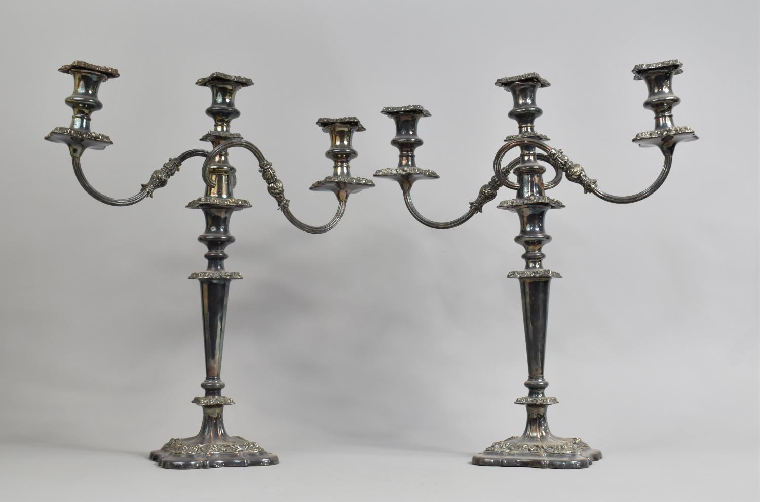 A Pair of Large Silver Plated Three Branch Candelabra, 46cms High