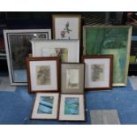 A Collection of Various Framed Prints, Mirror and Embroidery