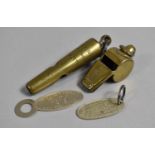 A Brass Birmingham City Police Whistle Together with a Acme Thunder Example and Two Police "Return
