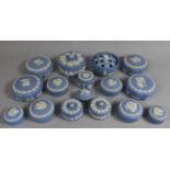 A Collection of Various Blue and White Wedgwood Jasperware Lidded Boxes, 16 Pieces in Total