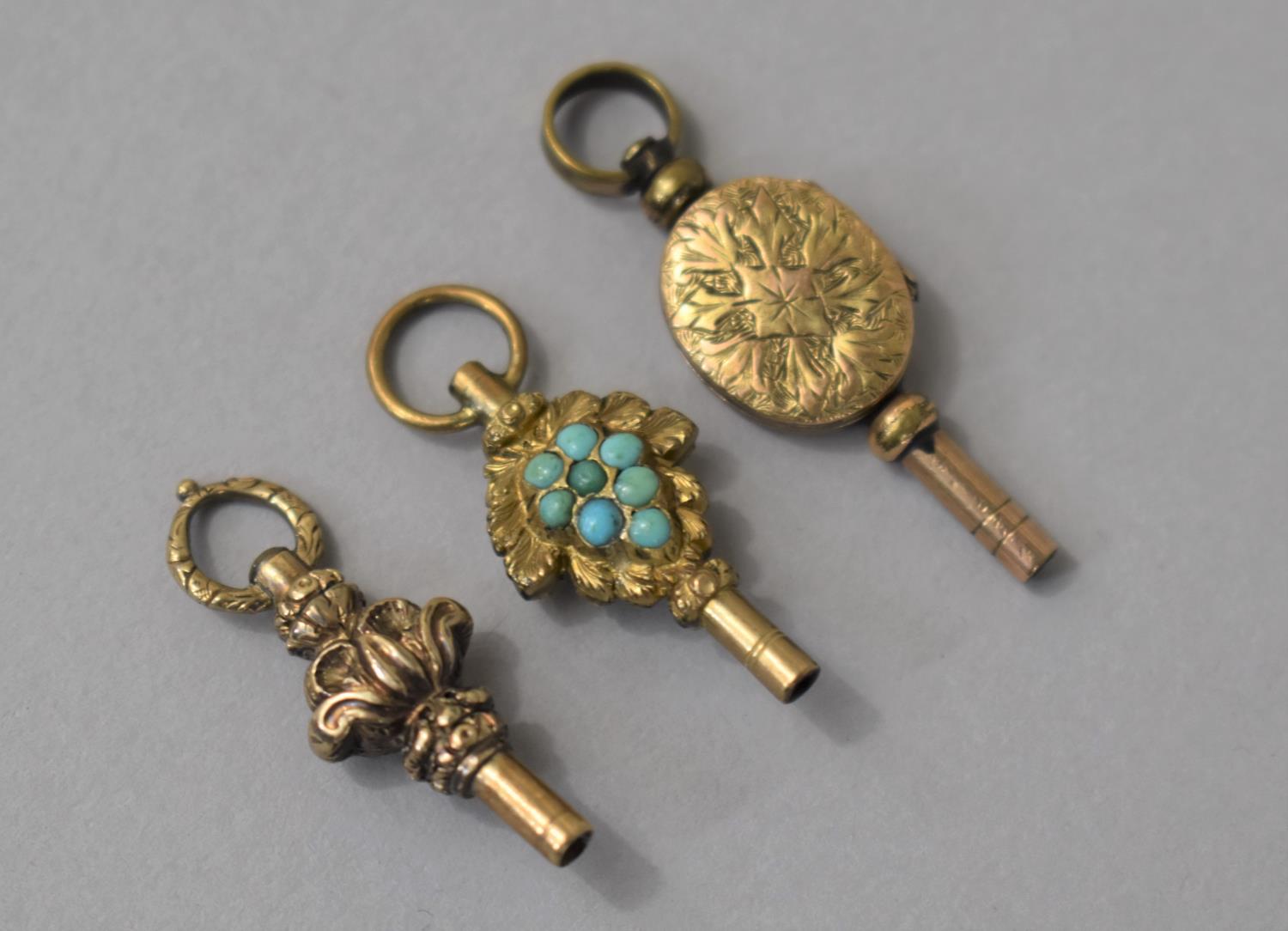 Three 19th Century Gold Metal Clock Pocket Watch Keys to Comprise Turquoise Mounted Key in the