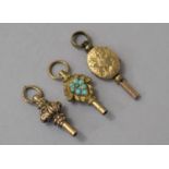 Three 19th Century Gold Metal Clock Pocket Watch Keys to Comprise Turquoise Mounted Key in the