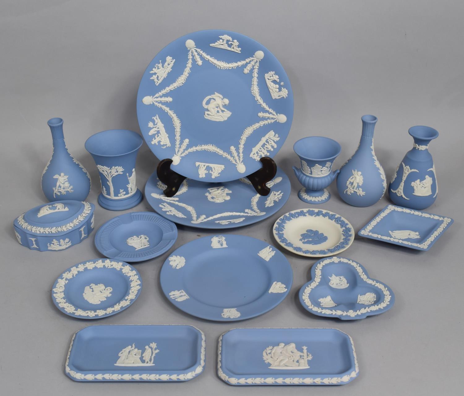 A Collection of Various Wedgwood Jasperware to comprise Plates, Dishes, Vases, Lidded Pot Etc (15