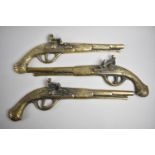 Three Brass Half Models of Flintlock Pistols, Each 32cm Long