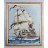 A Framed Tapestry, Three Masted Ship at Full Sail in Stormy Sea, 44x53cm