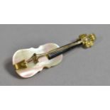 A 20th Century Gilt Metal and Mother of Pearl Brooch in the Form of a Double Bass, 5cm Long