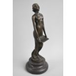 A Reproduction Art Deco Style Bronze of Maiden with Tray, Turned Stepped Plinth, 19cms High