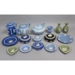 A Collection of Wedgwood and Other Jasperware and Queensware to comprise Dishes, Lidded Post,