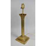 A Vintage Brass Table Lamp Base in the Form of a Reeded Corinthian Column on Stepped Plinth, 47cm