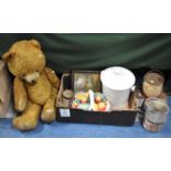 A Collection of Various Vintage Items to Include Large Teddy Bear, Lidded Slop Pail, Framed Silk