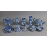 A Collection of Various Wedgwood Blue and White Jasperware to include Teapot, Cup and Saucer, Lidded