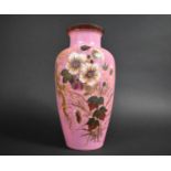 A Late 19th Century Pink Opaque Glass Vase Decorated with Applied Enamels Depicting Flowers, 30cm