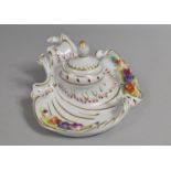 An East German Porcelain Hand Painted Inkwell of Scrolled Form with Encrusted Decoration