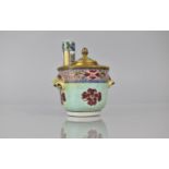 An Interesting 19th Century Porcelain French Inkwell Having Scrolled Twin Handles and Enamelled