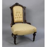 A Pretty Late Victorian Walnut Framed Ladies Nursing Chair with Buttoned Back Panel