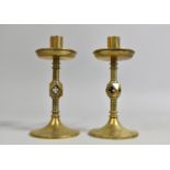 A Pair of Late Victorian Brass Ecclesiastic Altar Candlesticks Having Trefoil Pierced Diamond Knops,