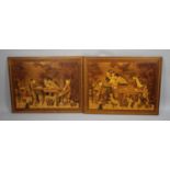 A Large Pair of Late 20th Century Italian Marquetry Plaques, The Cheat and the Fight, 64x83cm