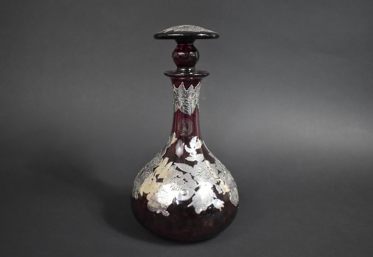 A Handmade Cranberry Glass and Silver Overlaid Decanter by Laugharne, 26cm high