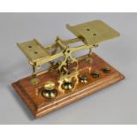 A Set of Vintage Brass Postal Scales on Wooden Rectangular Plinth Base with Graduated Weights, 18cms