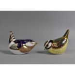 Two Royal Crown Derby Paperweights, Blue Tit with Gold Button and Wren with Silver Button