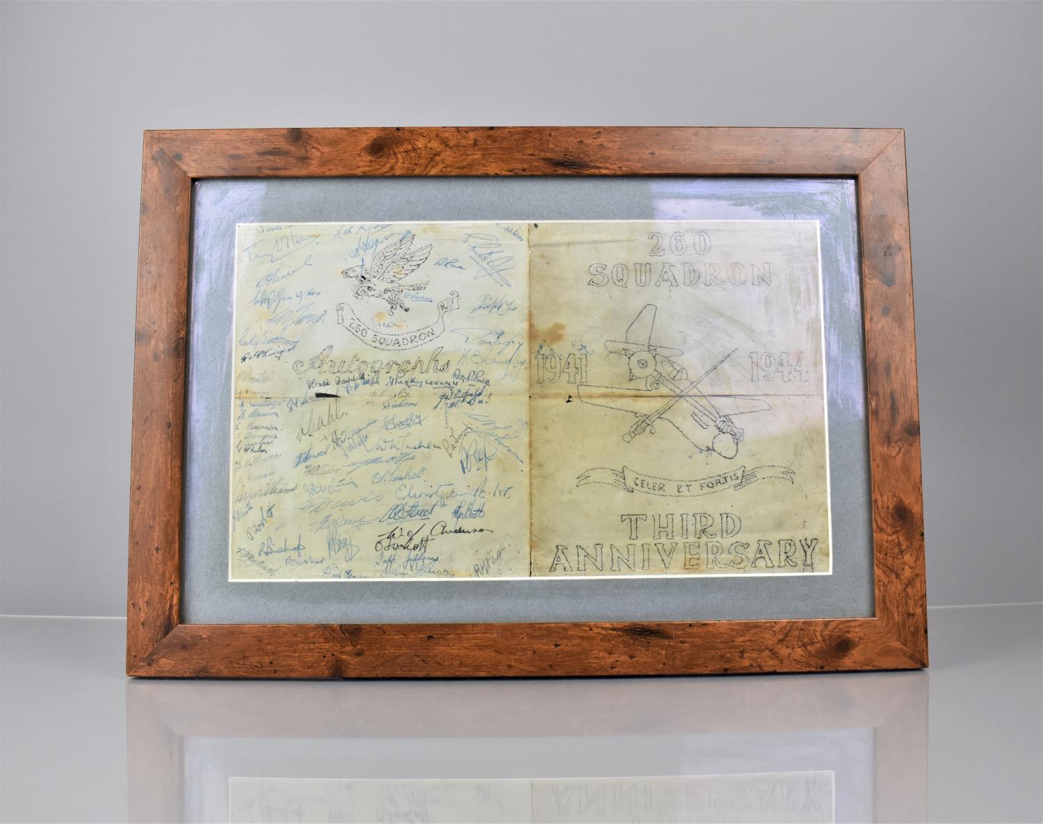 A WWII Hand Drawn Card for 260 Squadron, 1941-1944, Third Anniversary, Signed by Squadron Members