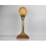 An Early/Mid 20th Century Brass Column Lamp Base of Reeded Form on Stepped Wooden Base with