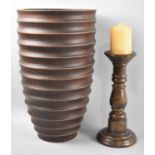 A Modern Turned Wooden Vase and a Candle Pricket, Tallest 34cms High