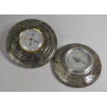 Two Serpentine Marble Circular Wall Hanging Aneroid Barometers, 19cm and 20cms Diameter