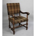 A Late 19th/Early 20th Century Upholstered Armchair of Wainscot Style with Oak Frame Having Scrolled