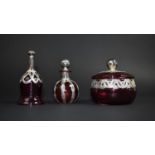 Three Pieces of Silver Overlaid Cranberry Glass to Comprise Lidded Pot, Bell and Perfume Bottle