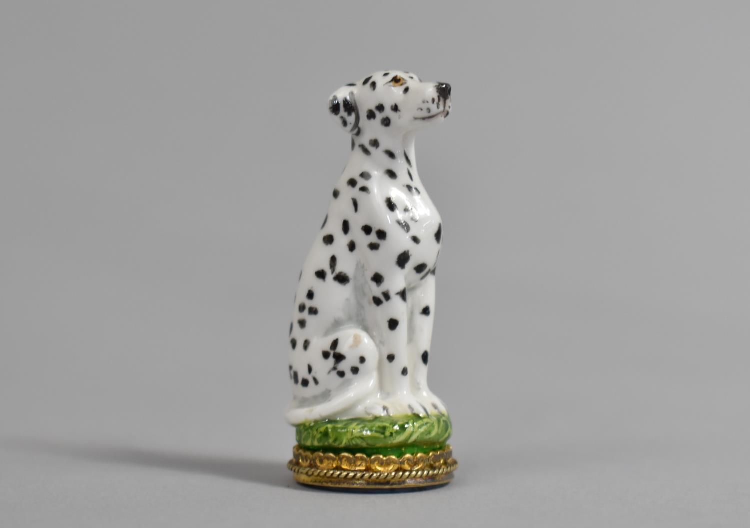 A Halcyon Days Enamel Seal, Modelled as a Dalmatian with Agate Stone