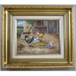 A Modern Gilt Framed Oil on Board Depicting Poultry in Farmyard, Unsigned, 24x19cms