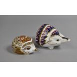 Two Royal Crown Derby Hedgehog Paperweights, Large Hedgehog with Silver Button and Mistletoe with