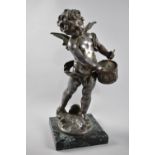 A French Spelter Table Lamp Base after Moreau, Cherub with Drum, Lost Rear Bulb Support and