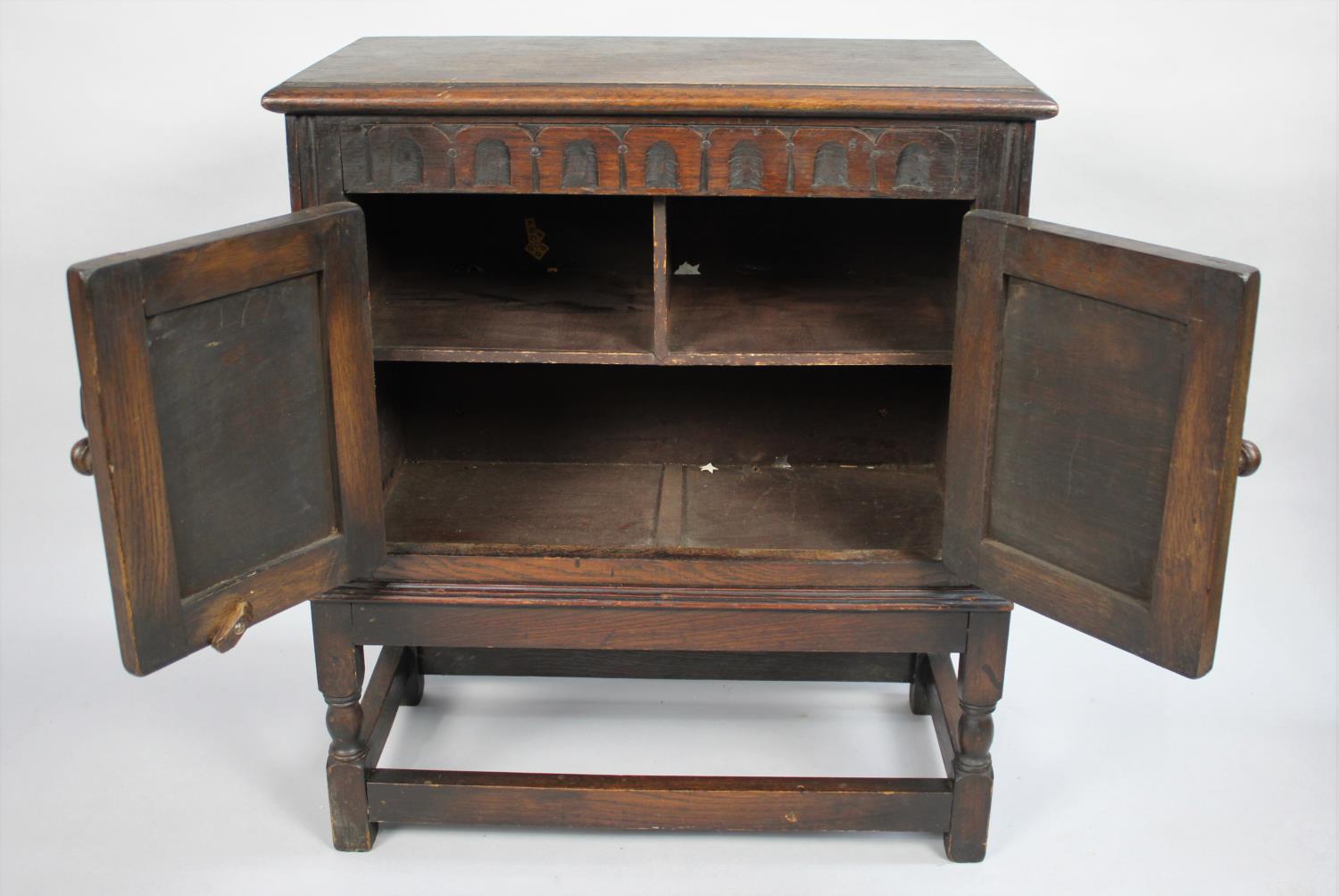 A Mid 20th Century Oak Side Cabinet, Panelled Doors to Shelved Three Division Interior, 51cms Wide - Image 2 of 2
